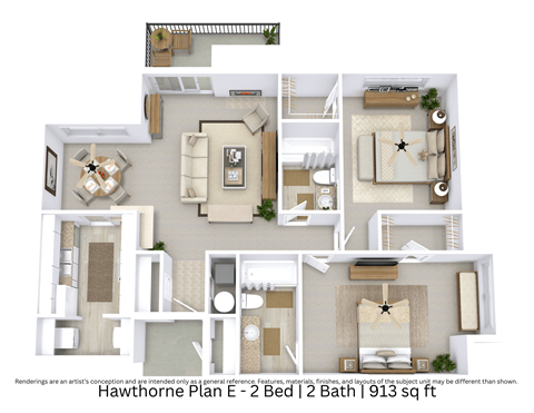 Floor plan for 2 beds, 2 baths, 913 sqft